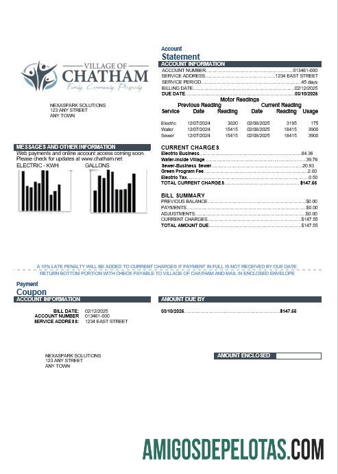 realista Modelo de conta de serviços públicos da vila de Chatham nos EUA em formatos Word e PDF